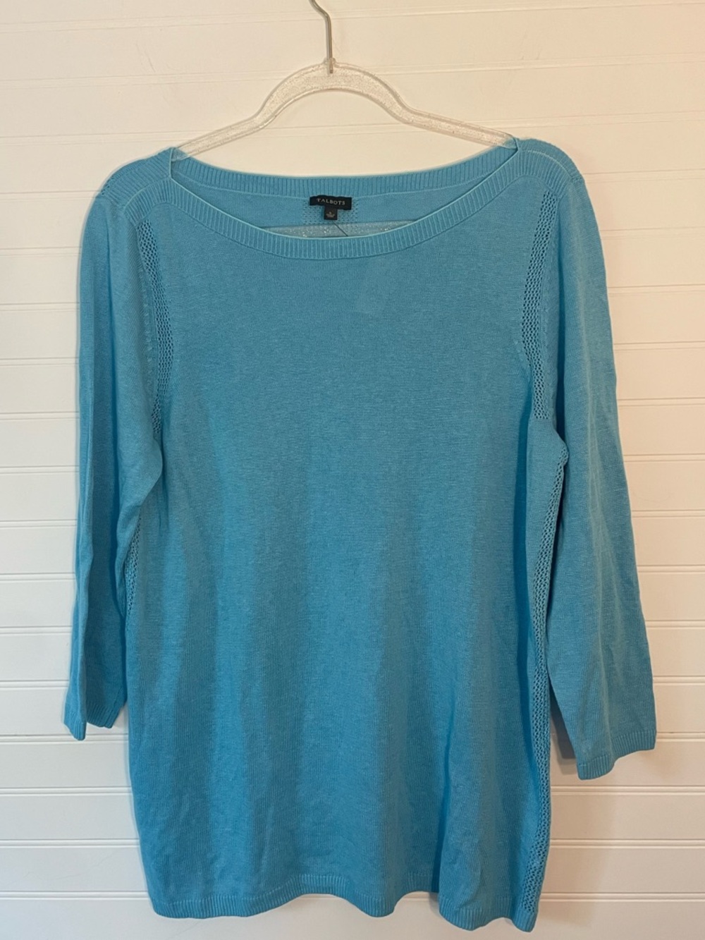 Talbots Linen Blend Light Blue Knit Blouse 3/4 Sleeve Boat Neck Mesh Panel NWT